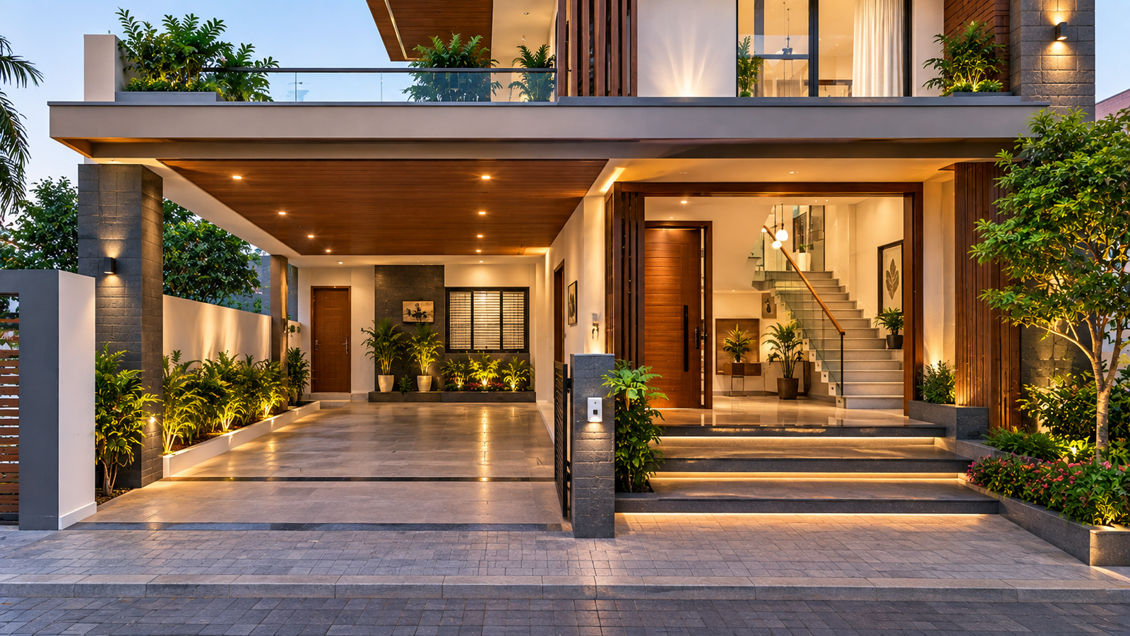 Modern house staircase and parking