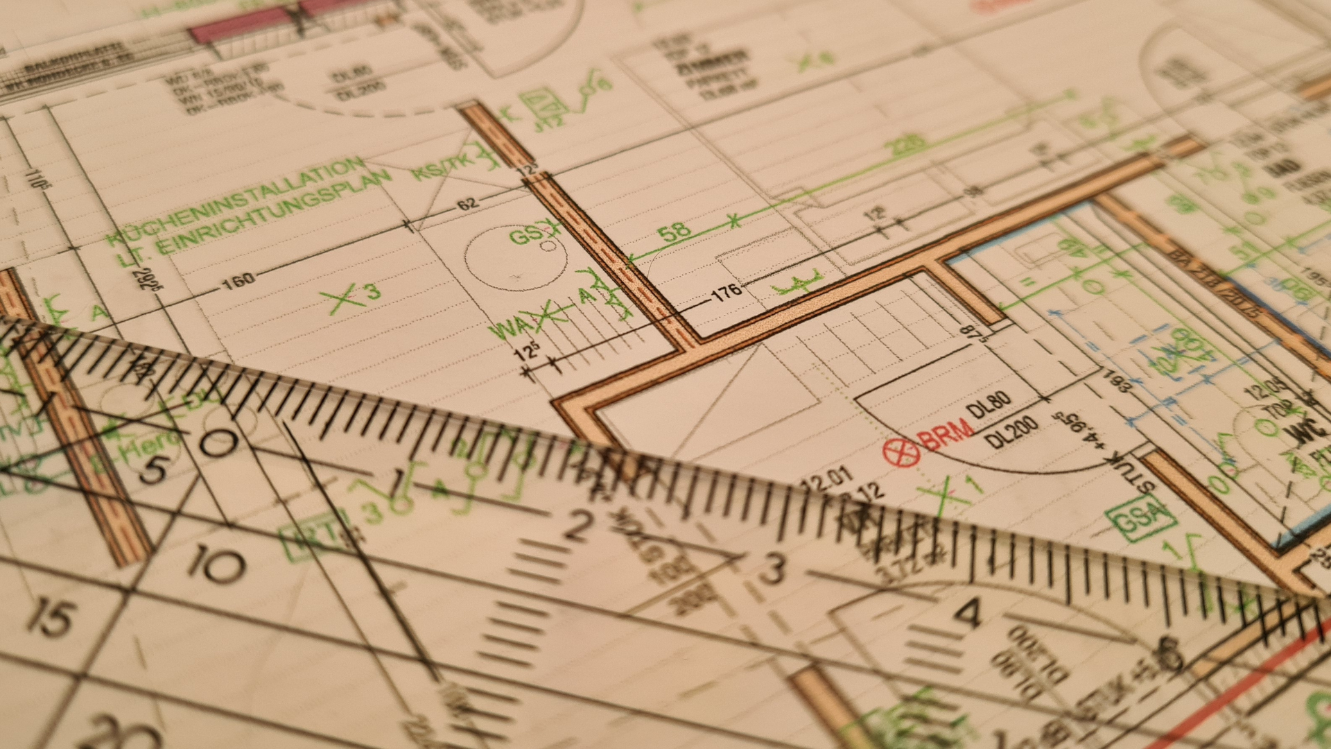 Architectural floor plan of an office building showing workspaces and meeting areas.