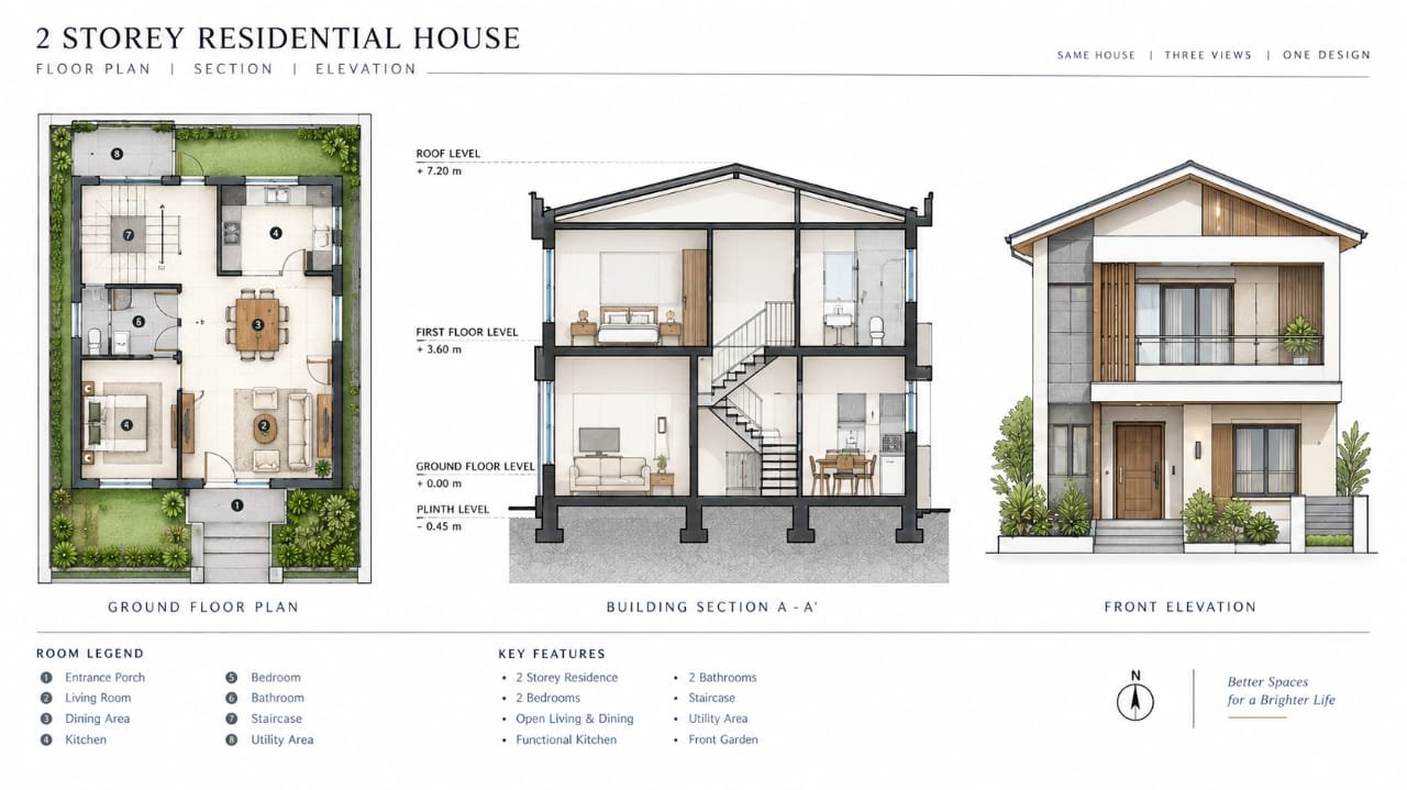 Floor plan section and elevation comparison