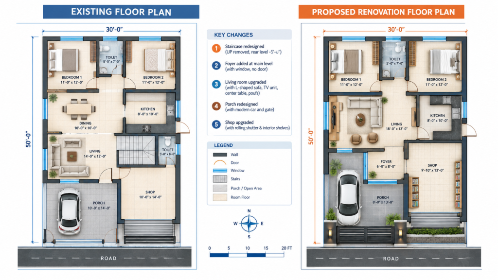 Existing and proposed floor plan comparison
