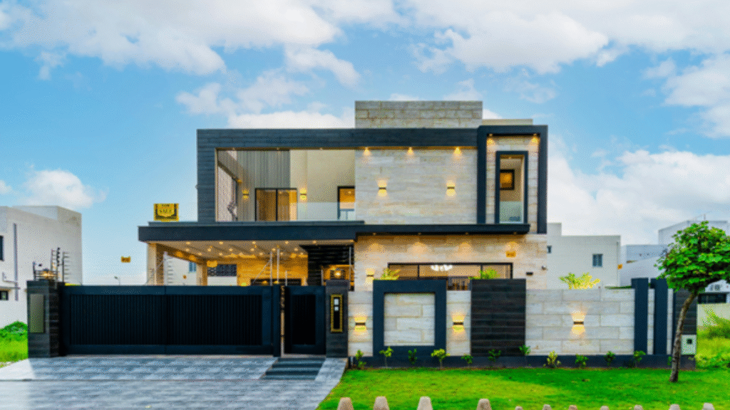 A modern eco-friendly building designed with sustainable architecture principles and natural greenery.