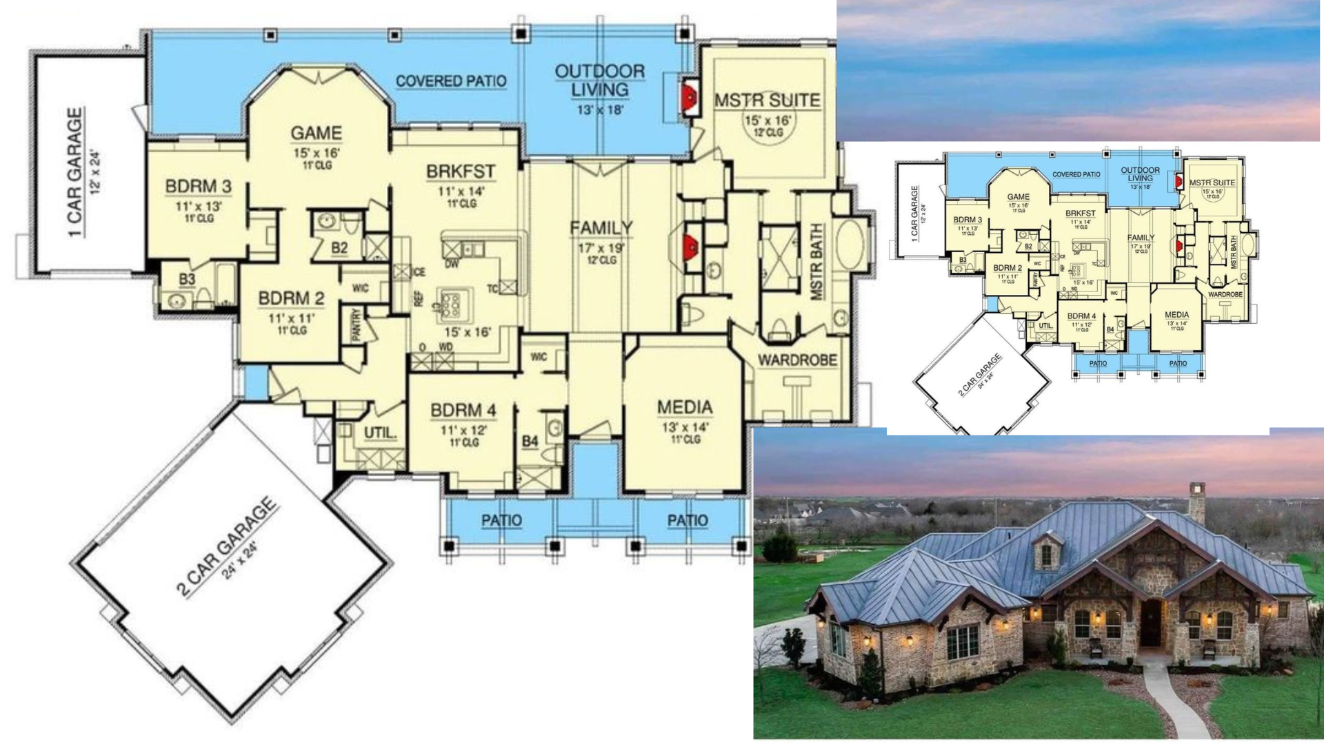 L-shaped ranch house plan with courtyard and patio design