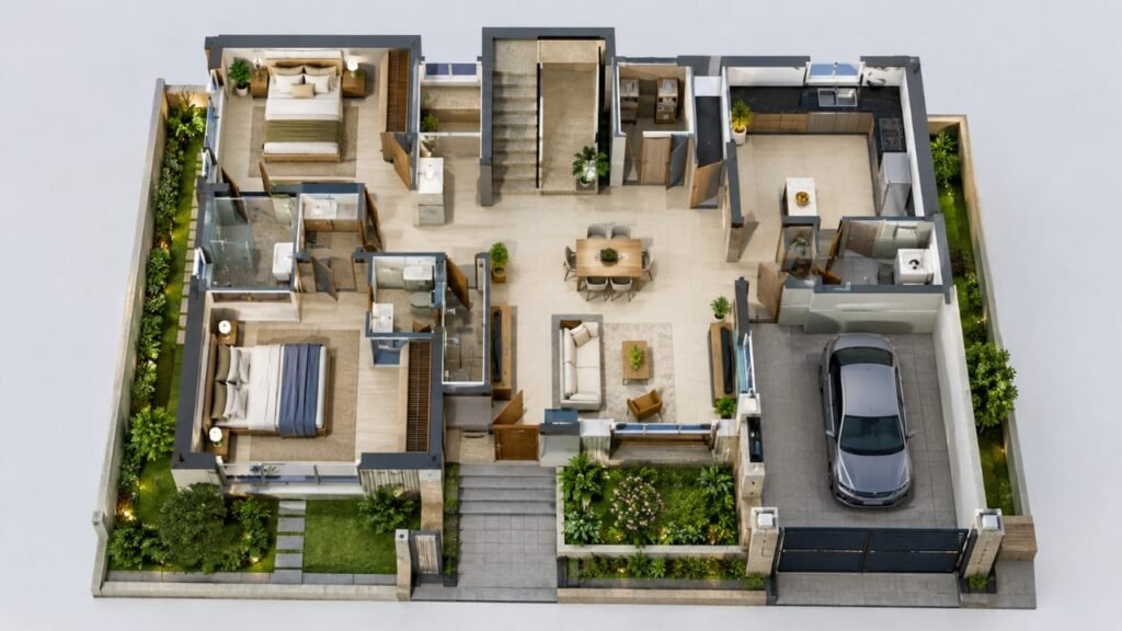 Modernist house floor plan with furniture