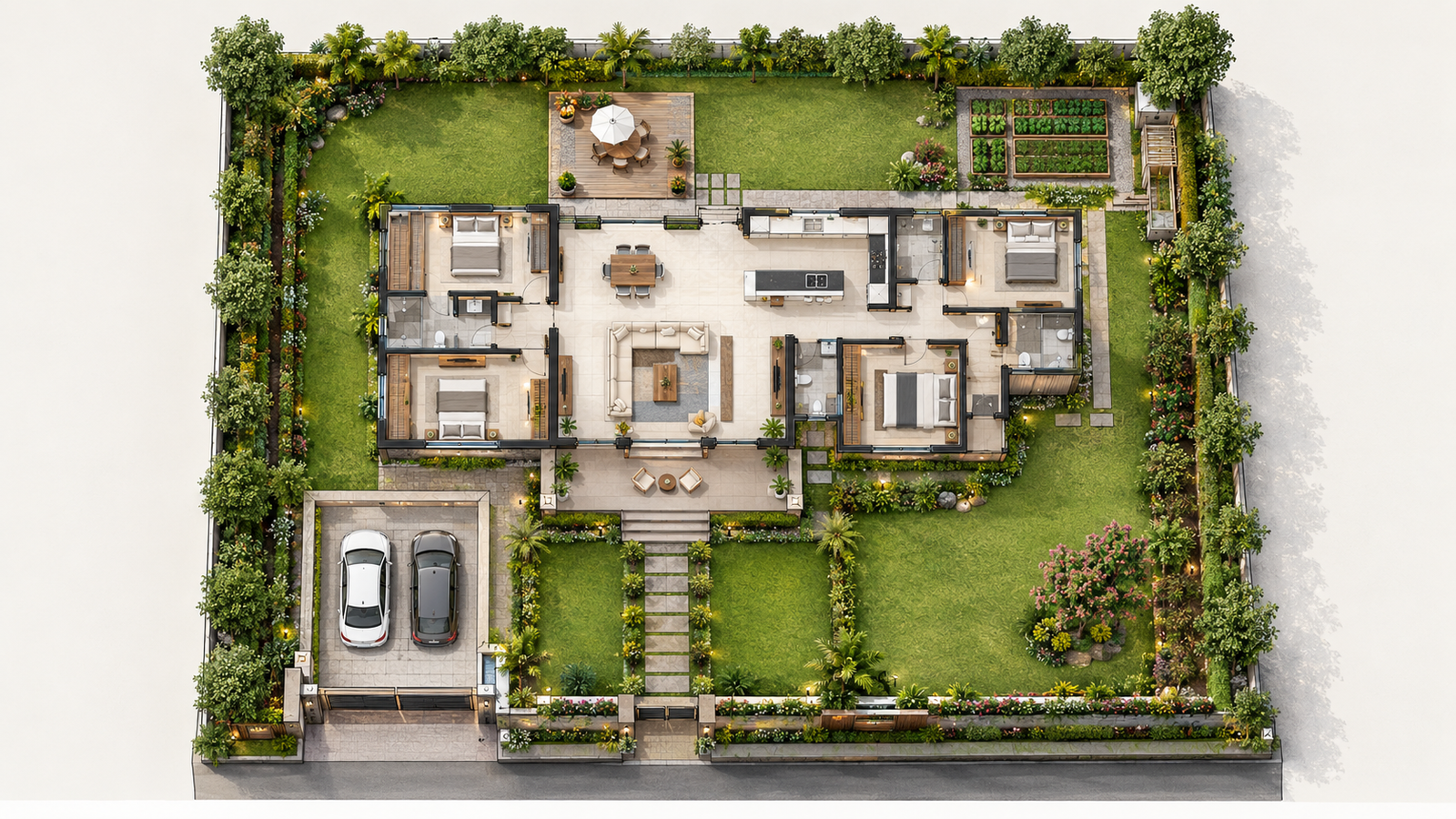 Farmhouse site plan with garden and parking