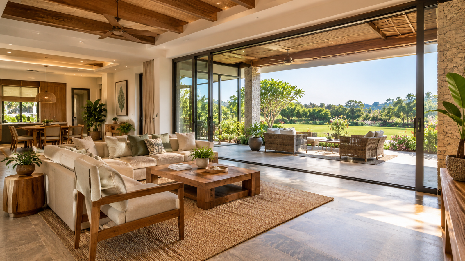 Farmhouse living room with garden view