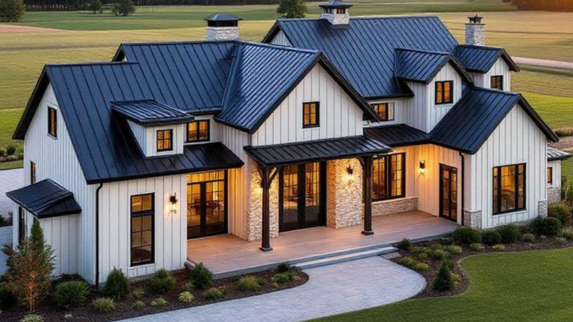 Luxury farmhouse plans with modern exterior and large open spaces