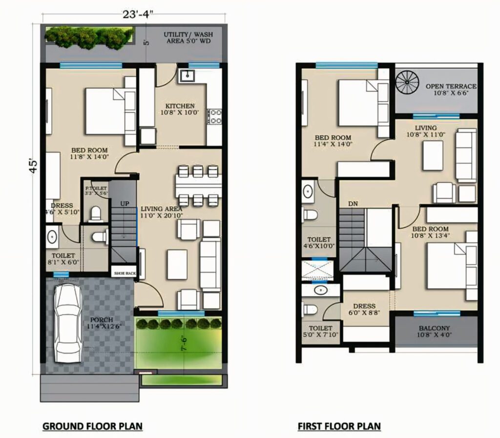 23x45 west facing 3bhk house plan