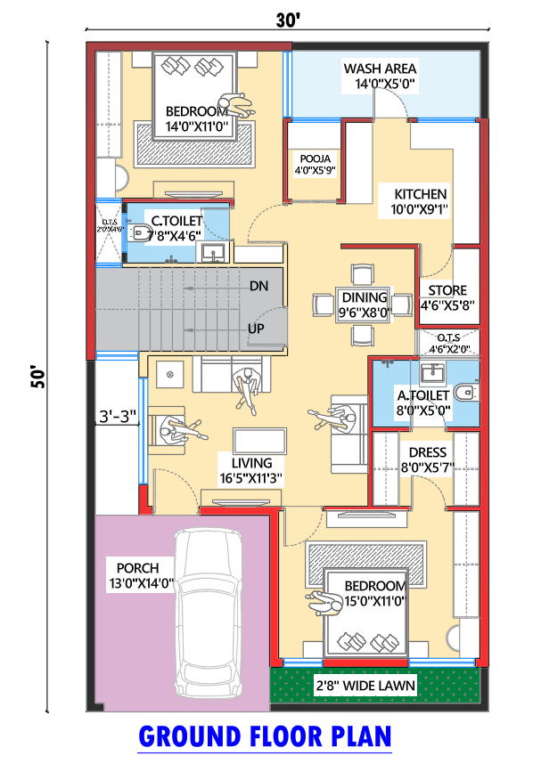 30x50 House Plan | 1500 Sq Ft 2BHK Ground Floor Plan with Car Parking