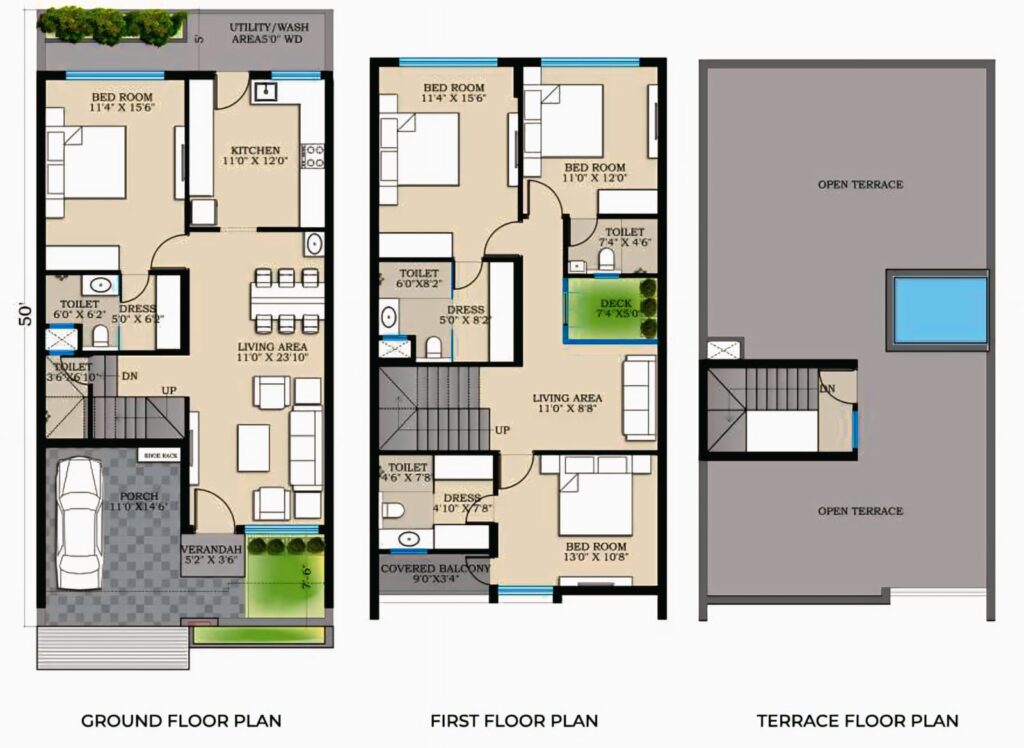 23x50 East Facing 4BHK House Plan