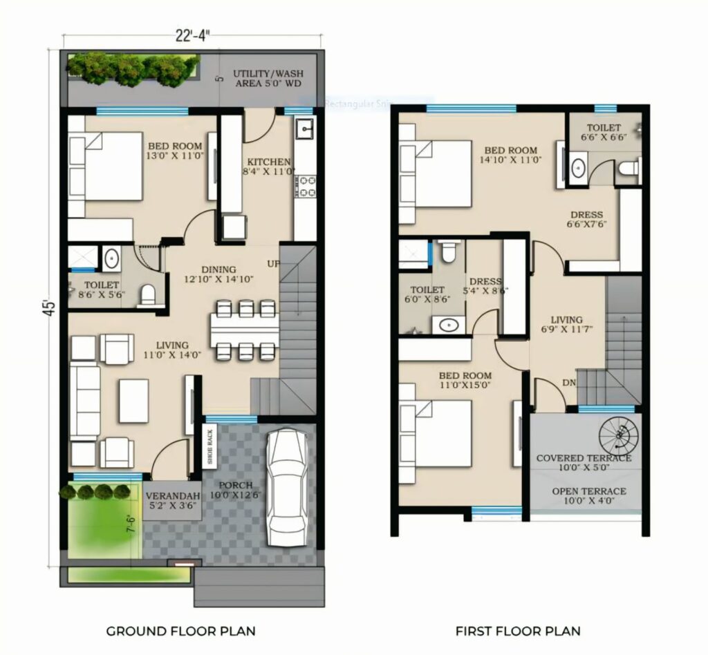 22x45 East Facing 3BHK House Plan