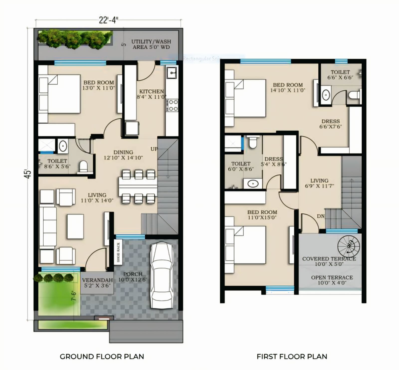 22x45 East Facing 3BHK House Plan