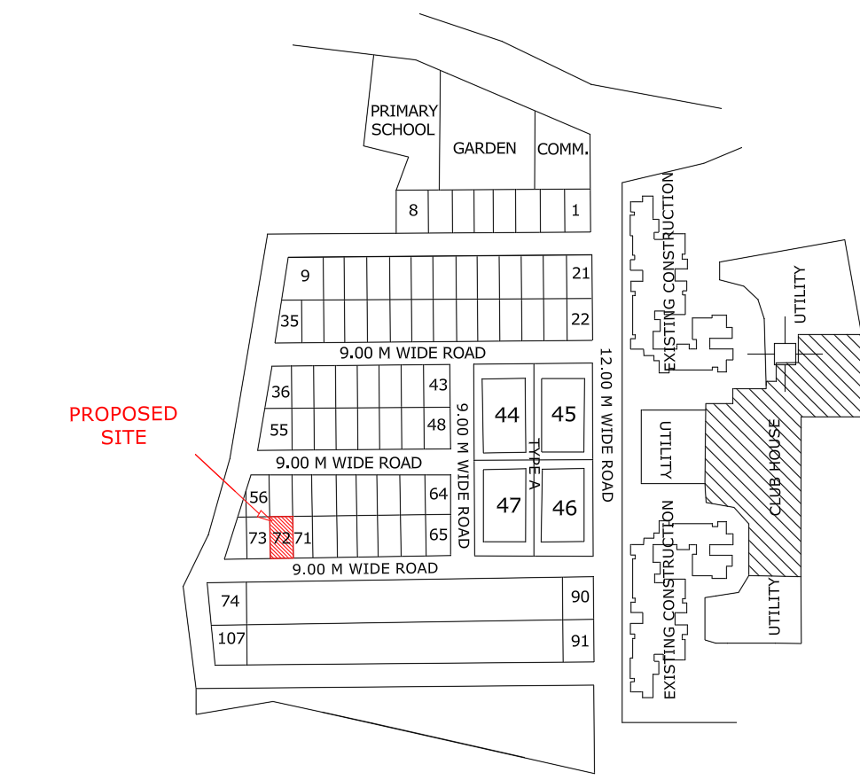 Plot boundary, site dimensions, road width and north direction shown in a building submission drawing.