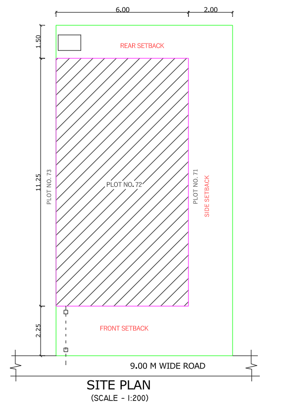 Building plan showing plot setbacks and open spaces.
