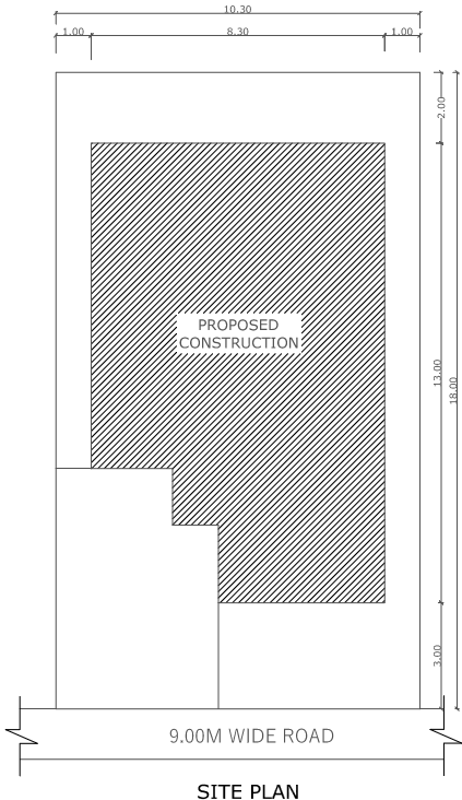 Building site plan with plot boundaries and setbacks