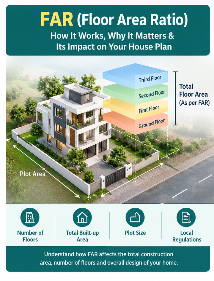 3D architectural illustration explaining plot area, building footprint and total floor area for FAR in residential house planning