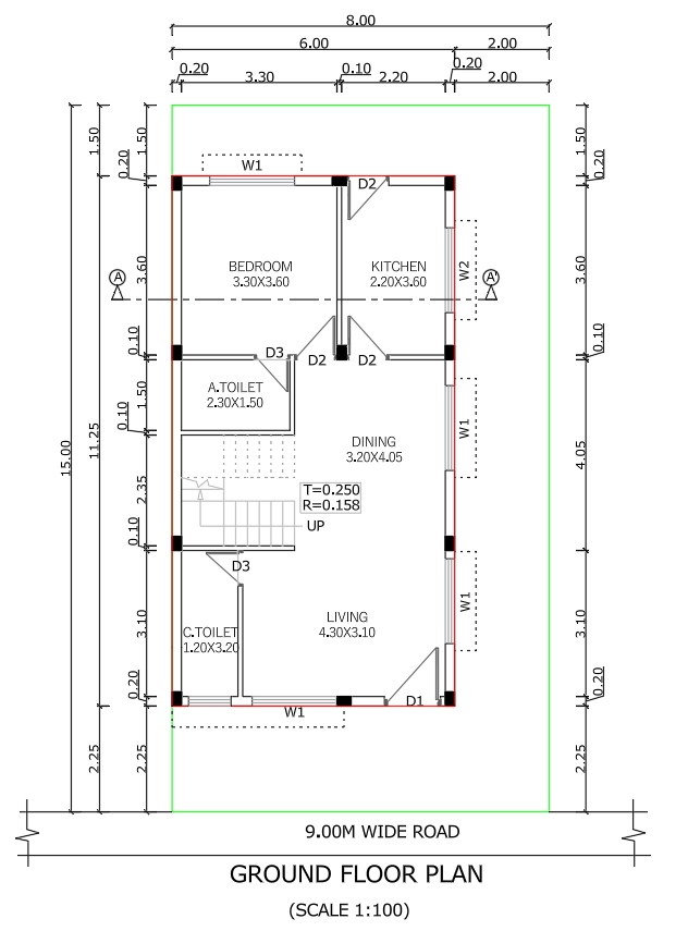 Floor plan showing room dimensions, wall thicknesses and door locations.