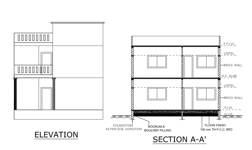 Building floor plan, elevation and section drawings