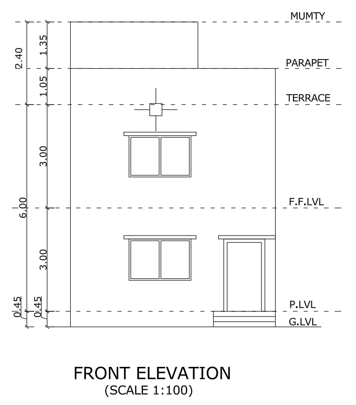 Residential building elevation showing floor levels, windows and building height.