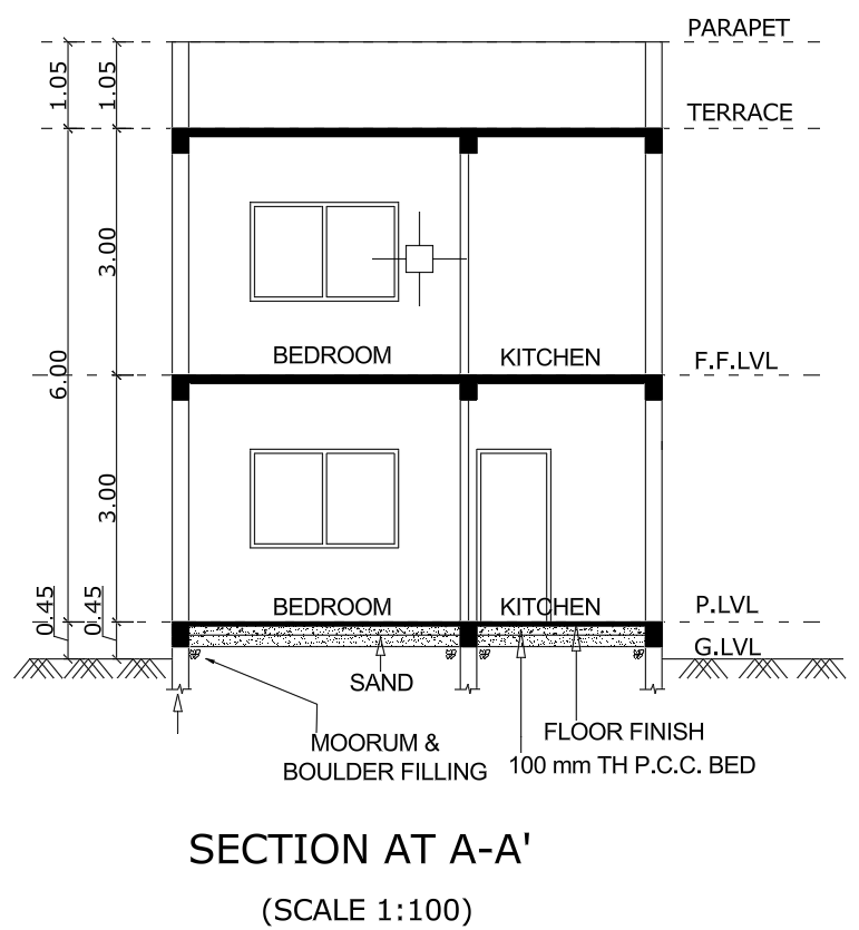 Building section showing floor levels, staircase and vertical dimensions.