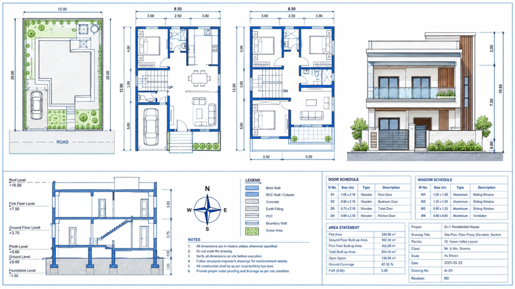 G+1 house submission drawing blueprint with plans and elevation.