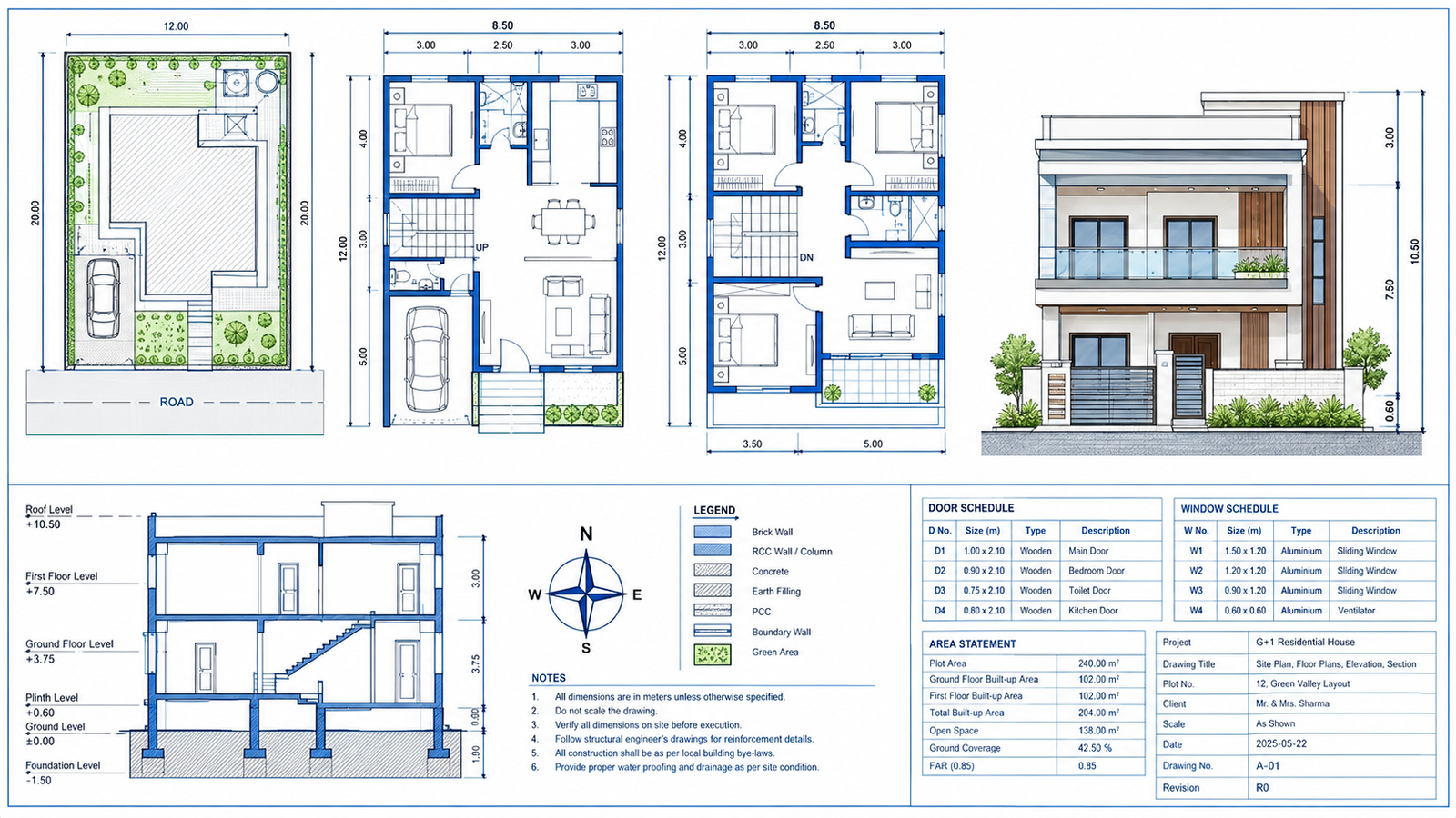 G+1 house submission drawing blueprint with plans and elevation.