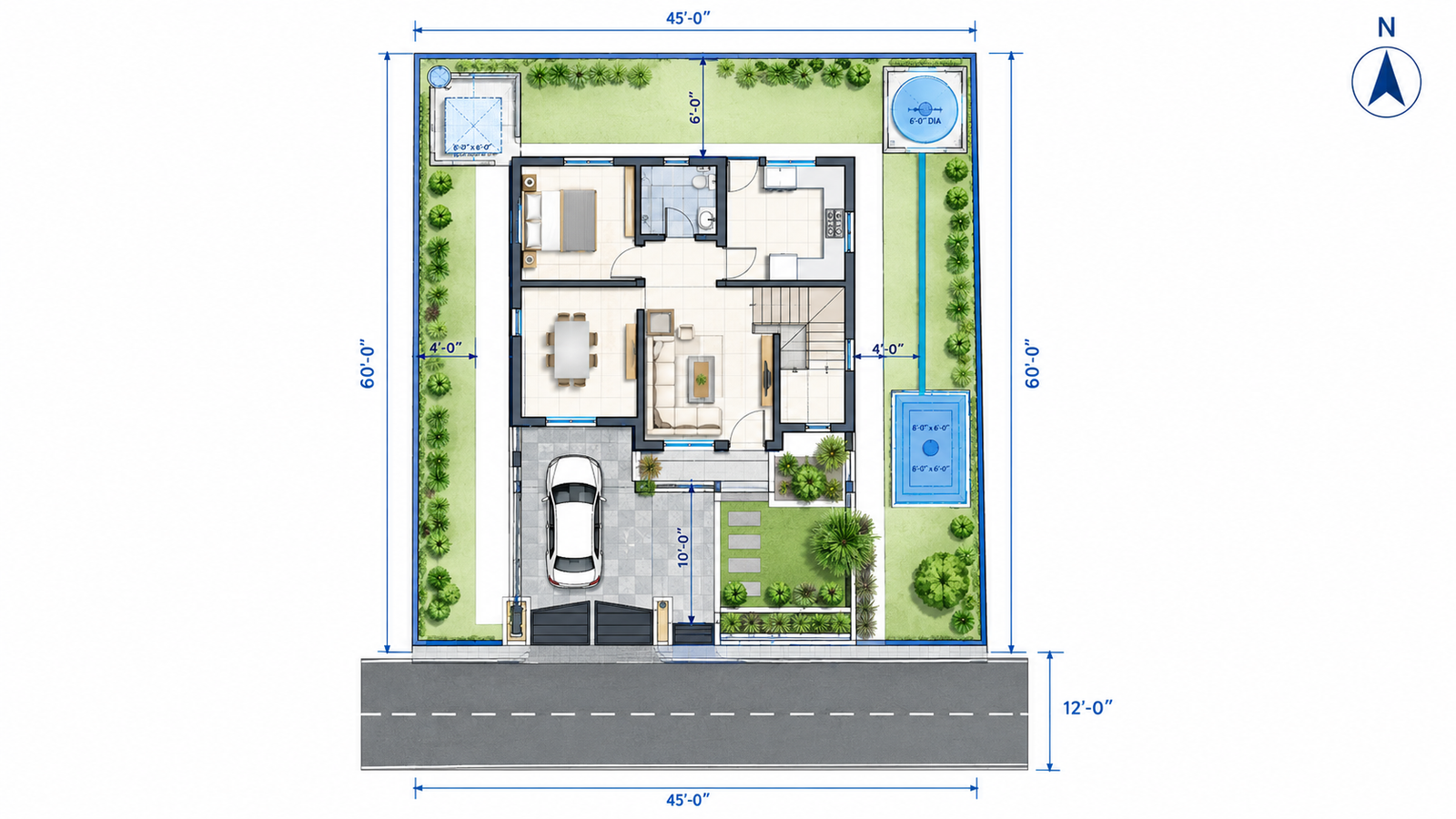Residential G+1 house site plan with setbacks and parking.
