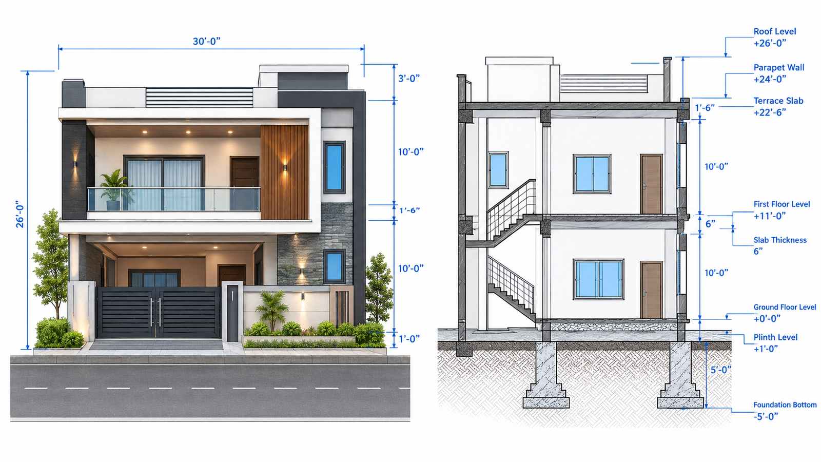 G+1 house front elevation and building section drawing.