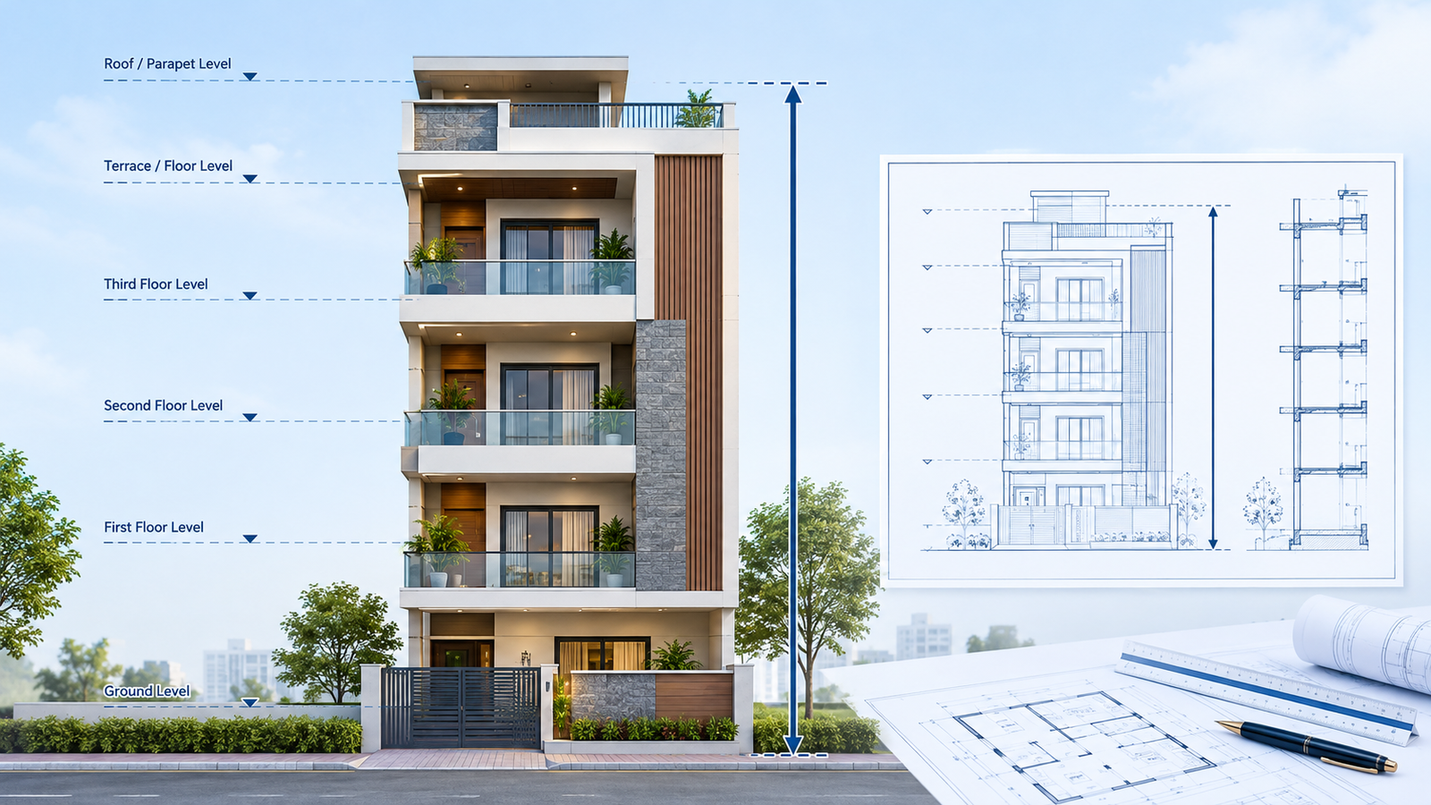 Building height measurement in a residential building elevation drawing
