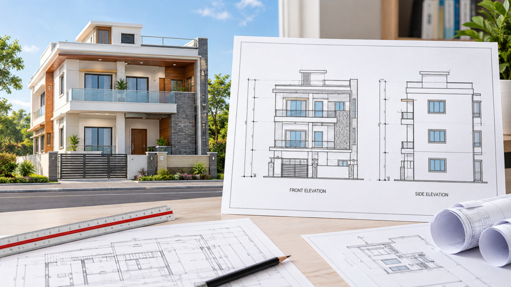 Modern building elevation drawings showing facade details and dimensions