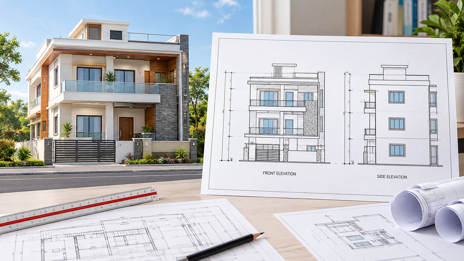Modern building elevation drawings showing facade details and dimensions