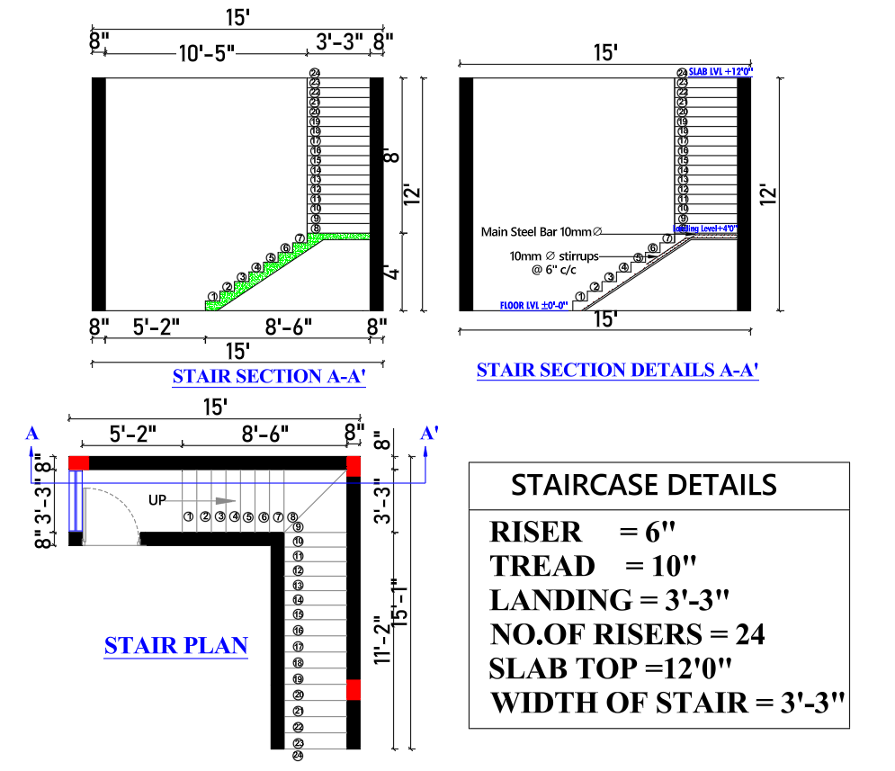 Staircase Design Plan & Section Detail with Dimensions