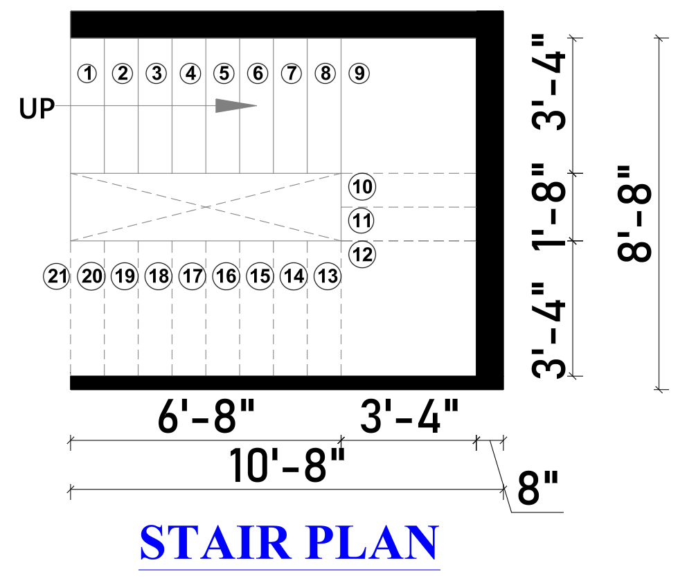 stair section detail with riser tread and landing