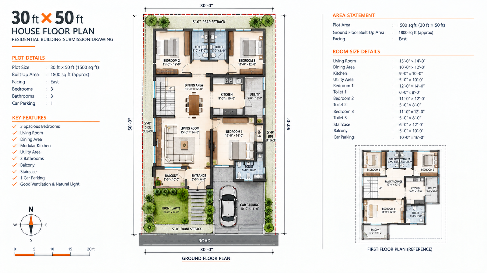 30×50 house floor plan submission drawing