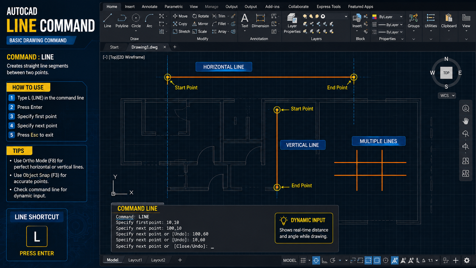 AutoCAD LINE command drawing precise straight lines
