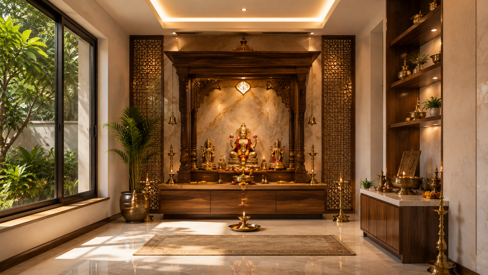 Modern Indian pooja room with wooden temple