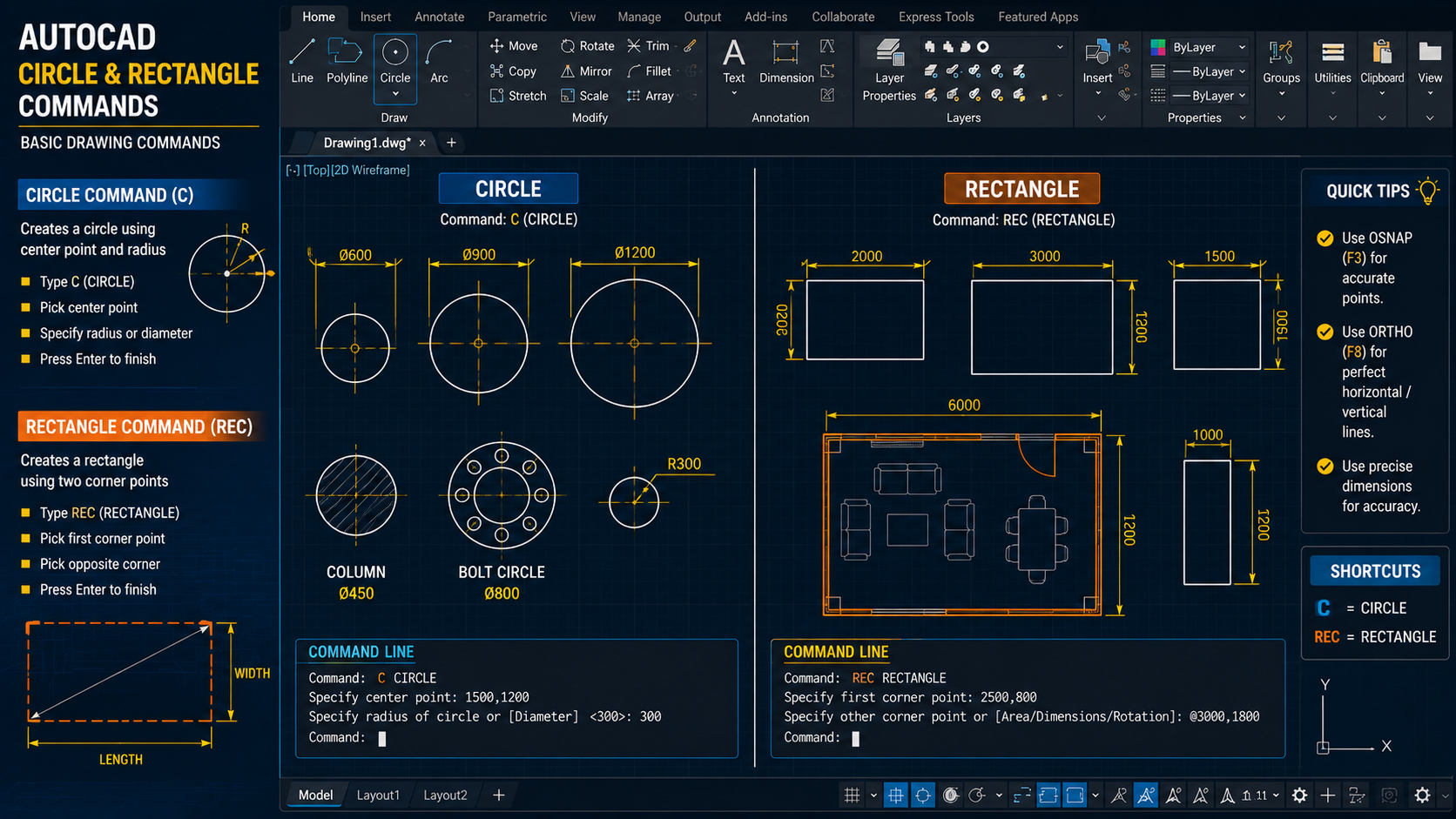 AutoCAD CIRCLE and RECTANGLE command examples