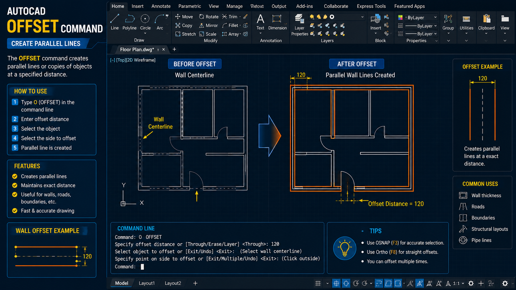 AutoCAD OFFSET command creating parallel wall lines