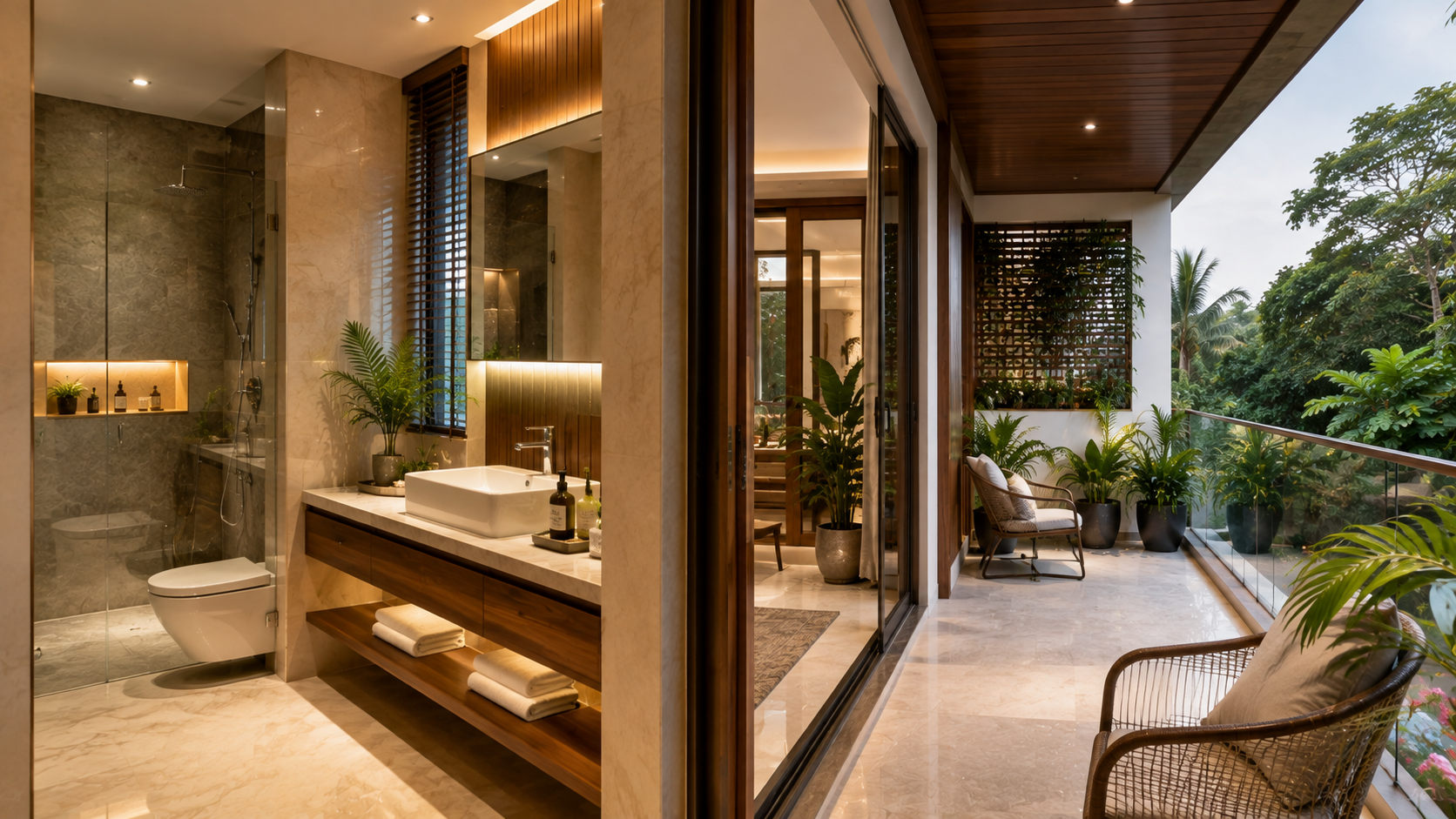 Modern Indian bathroom and balcony interior
