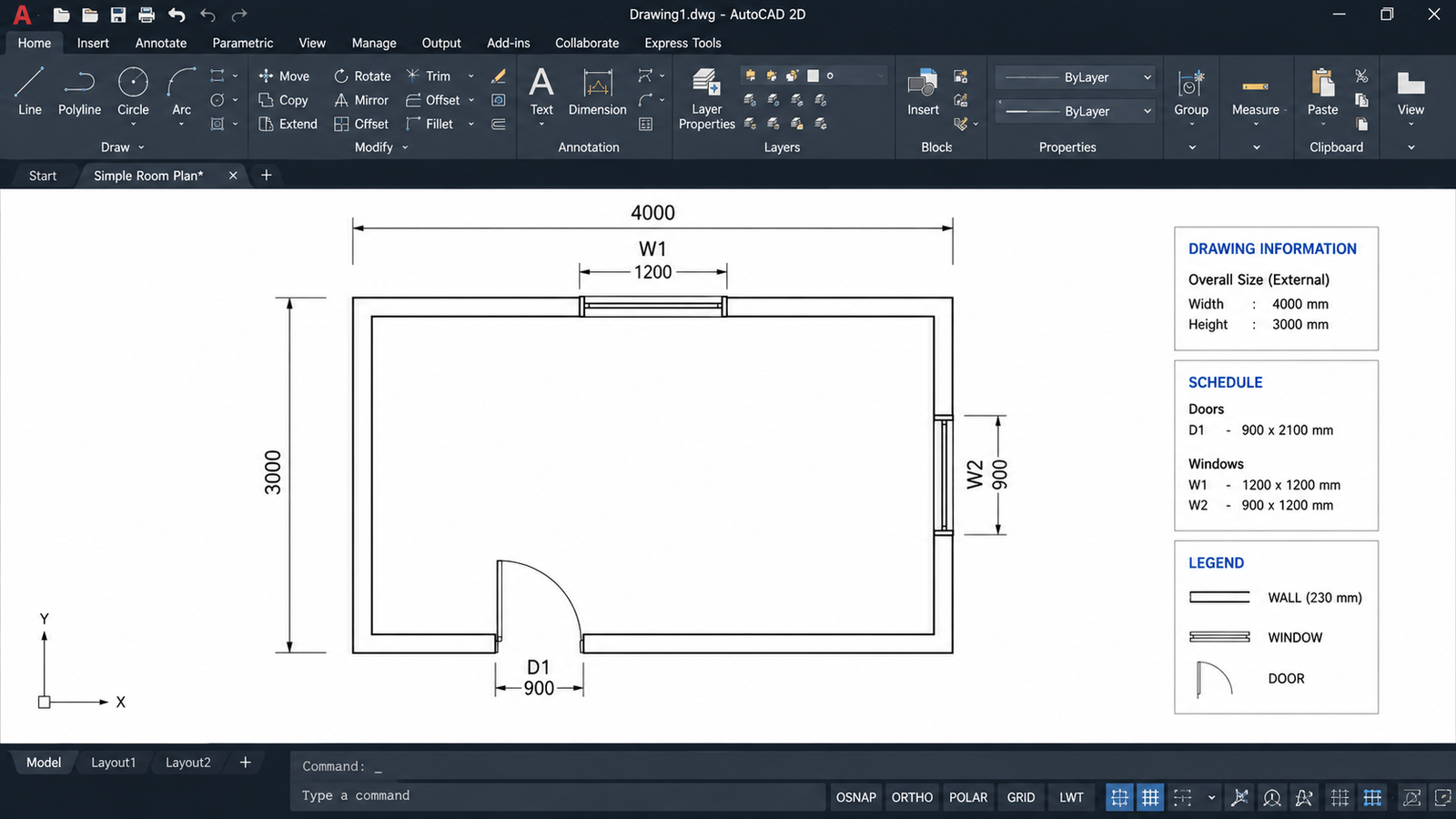 AutoCAD 2D floor plan with dimensions and room layout.