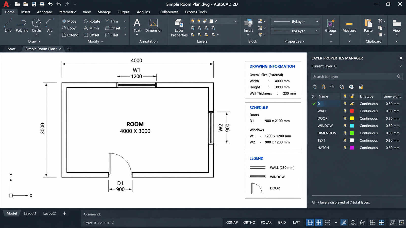 Completed AutoCAD 2D room floor plan with walls, door, windows, and dimensions.