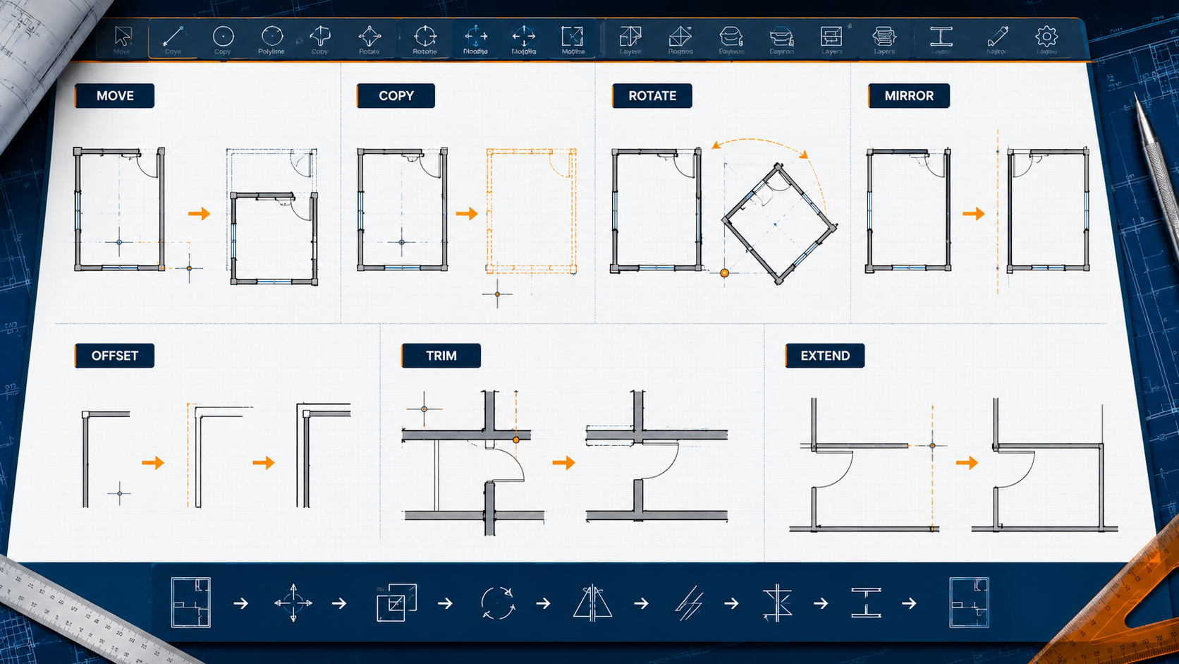 AutoCAD move copy trim offset and mirror commands