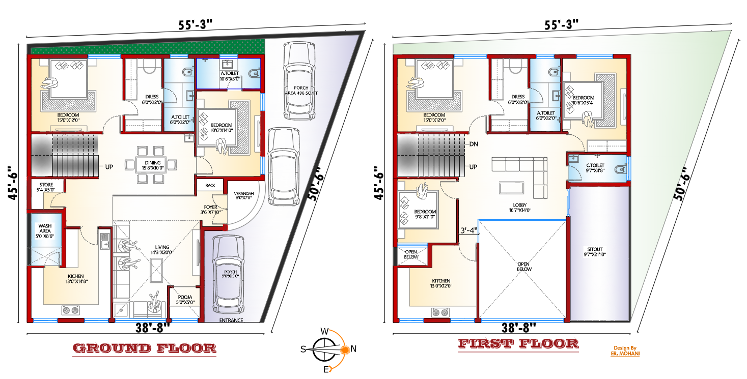 5BHK east facing ground and first floor plan for irregular plot