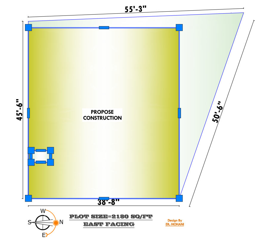 5BHK east facing house plan for irregular shape plot with G+1 layout