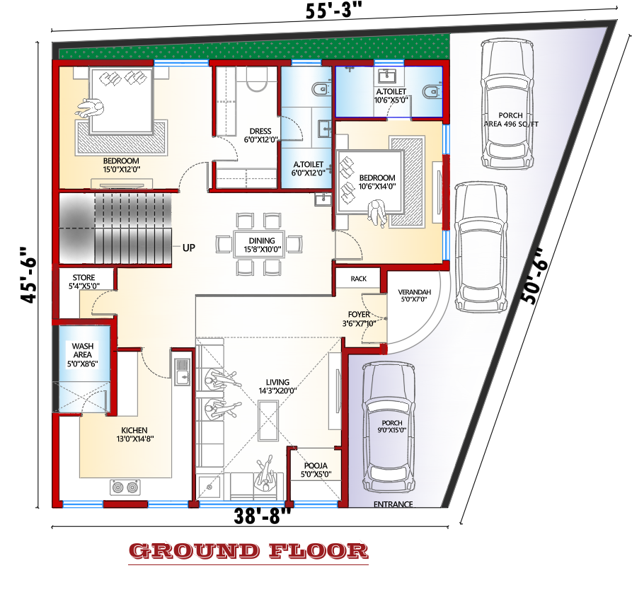 Ground floor plan of 5BHK east facing house on irregular plot
