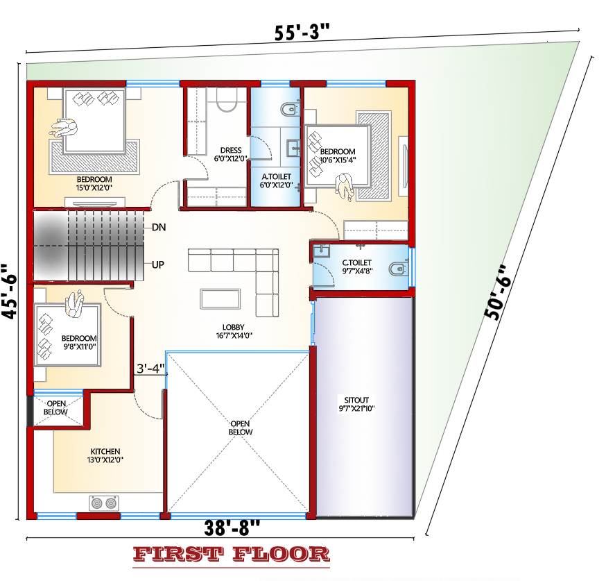 First floor plan of 5BHK east facing house on irregular plot