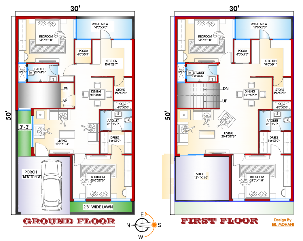 30×50 west facing 4BHK G+1 ground and first floor plan