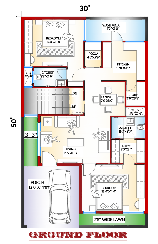 30×50 west facing 4BHK ground floor plan