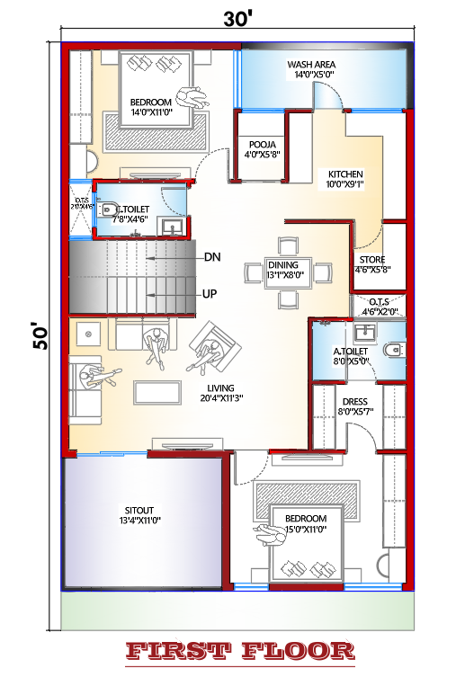 30×50 west facing 4BHK first floor plan