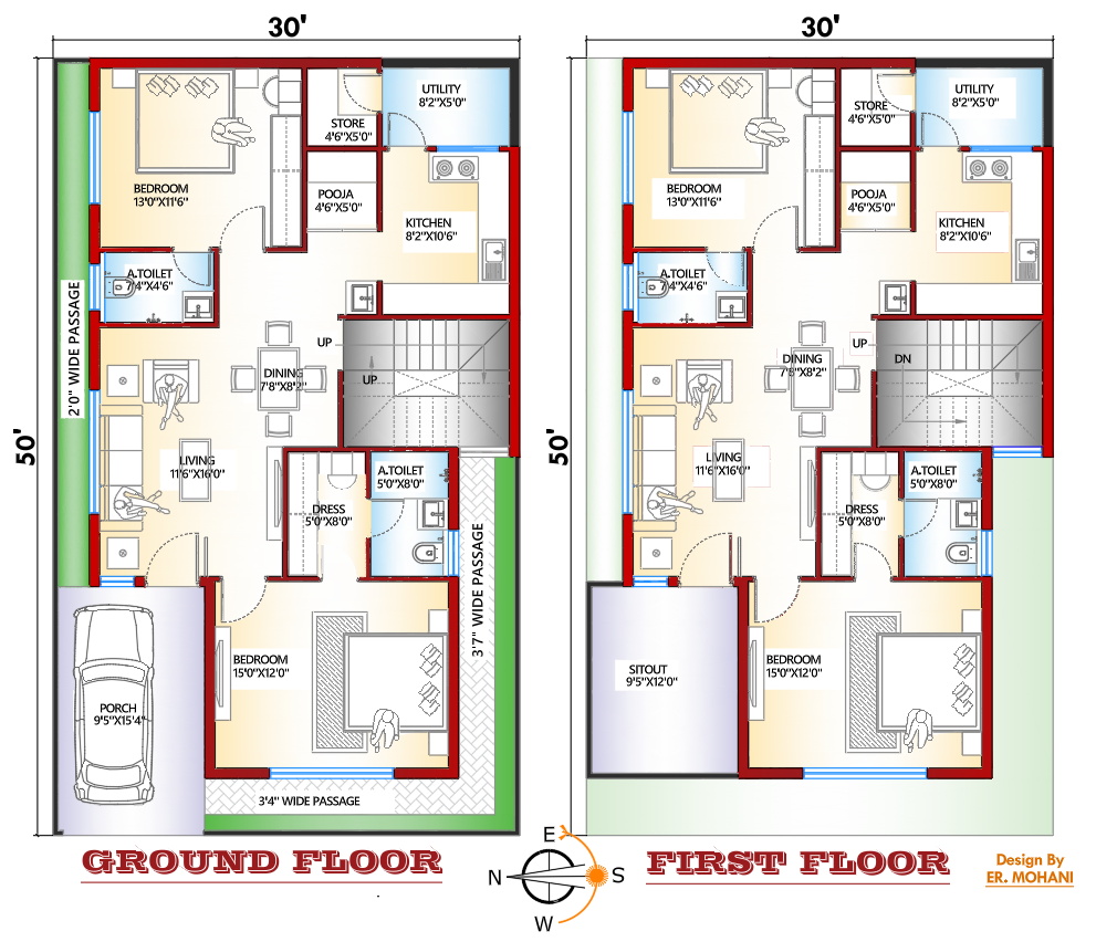 30×50 west facing house plan ground and first floor
