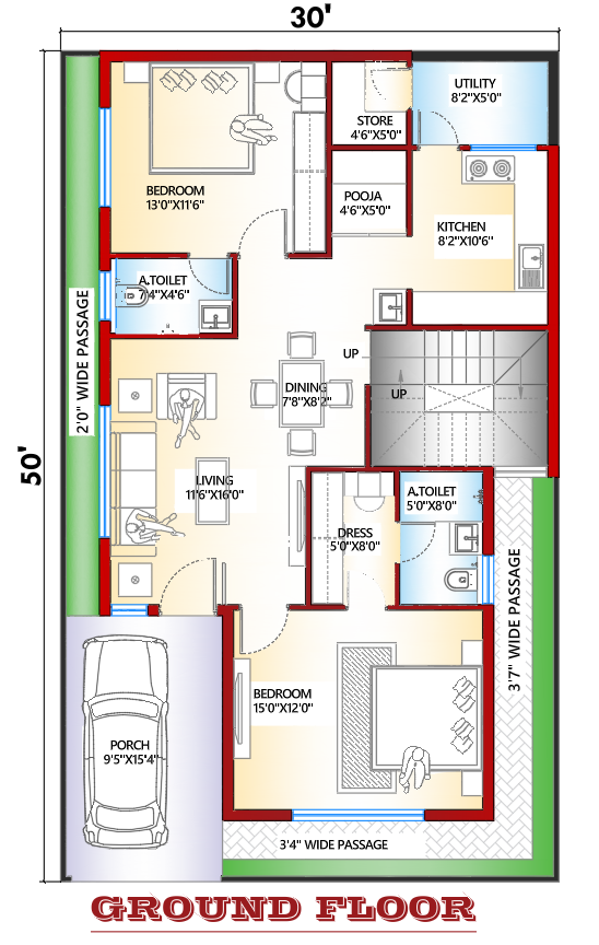 30×50 west facing house plan ground floor